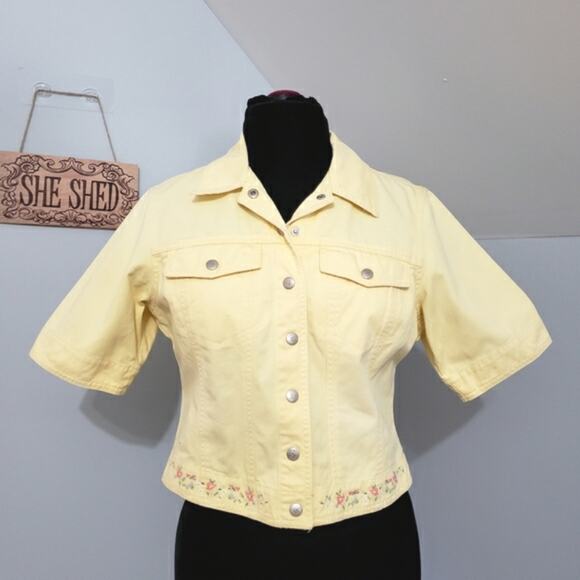 Susan Bristol Half Sleeve Snap Front Embroidered Yellow Denim Crop Jean Jacket - Picture 2 of 11